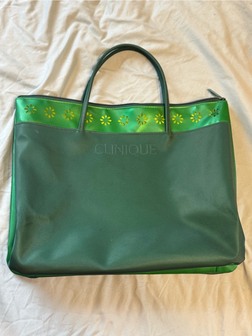 Clinique Dark Green Tote with Lime Floral Trim